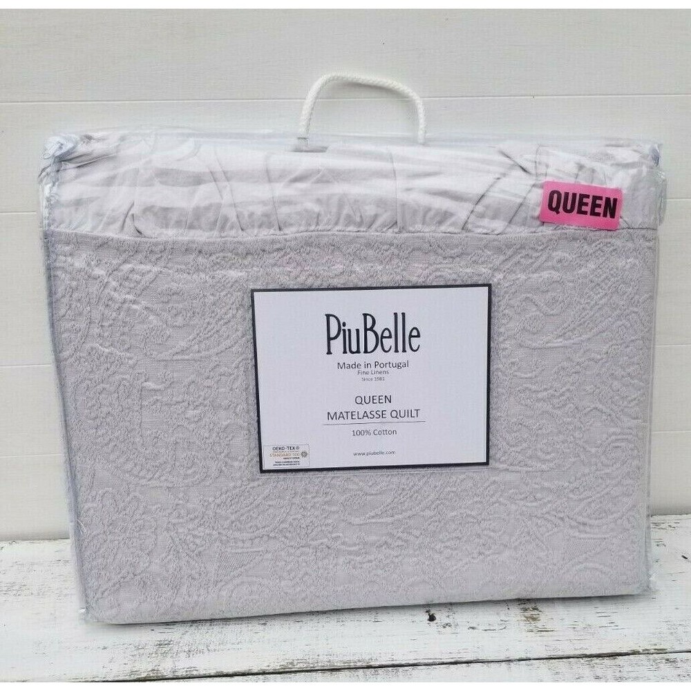 PiuBelle Portugal FARMHOUSE Cottage RUFFLE GRAY MATELASSE Cotton QUEEN COVERLET